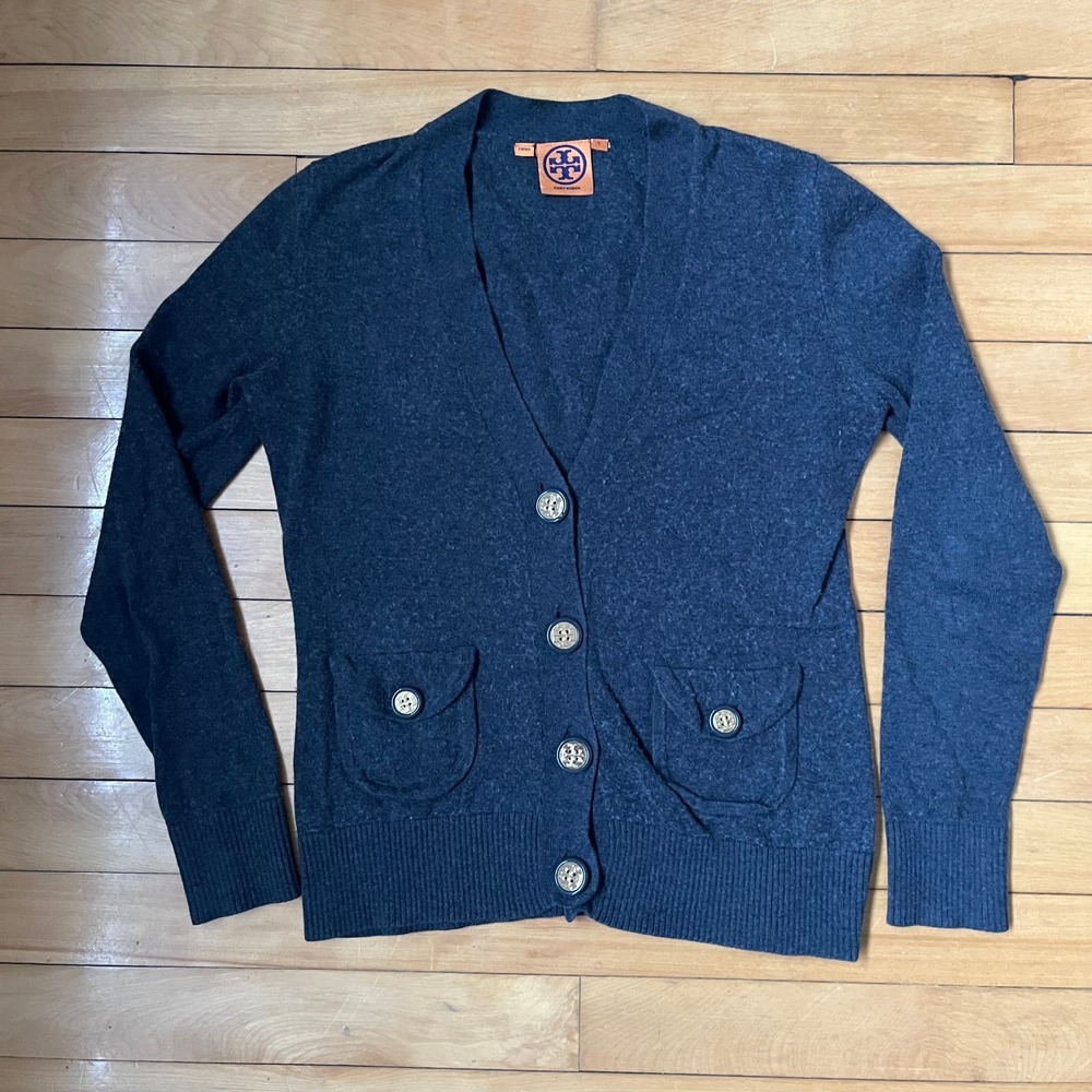 Tory Burch Simone Cardigan Charcoal Gray V-Neck Logo Button Sweater Small